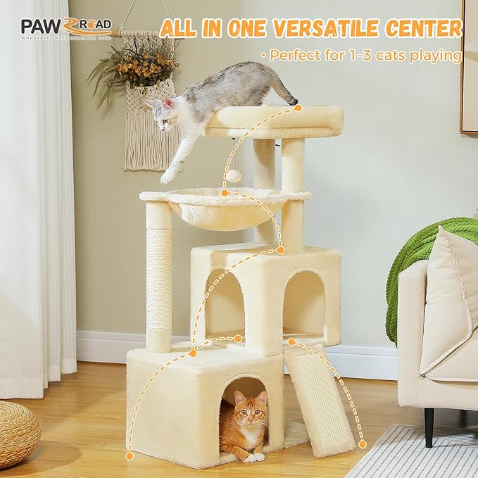 PAWZ Road Large Cat Tree, 41 Inches Multi-Level Cat Tower with 2 Spacious Condos for Indoor Cats, Large Cat House with Comfy Hammock, Padded Perch, Scratching Pad and Replaceable Balls-Mewly Pet