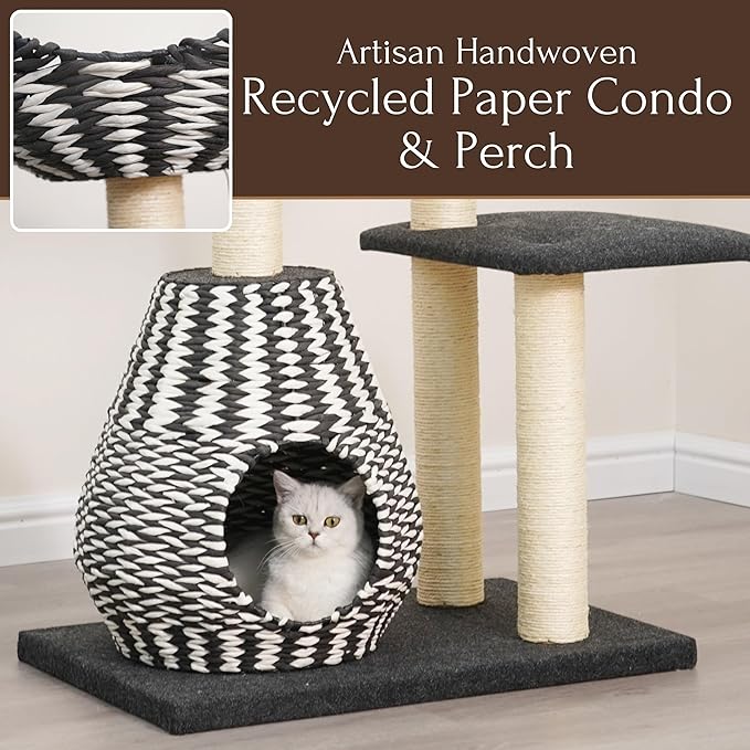 PetPals Ace 4-Level Multi-Activity Cat Tree with Handwoven Recycled Paper Rope Condo and Top Nest Bed, Replaceable Sisal Scratching Posts, Feather Teaser Toy, Black & White-Mewly Pet