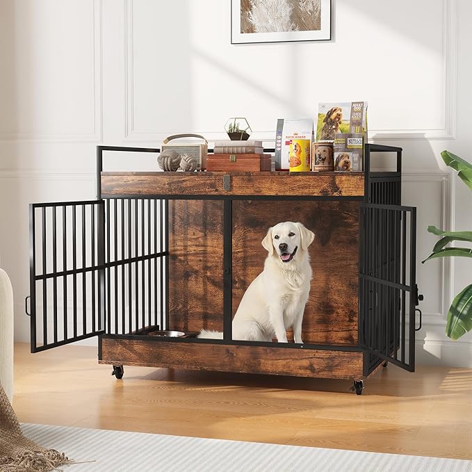 Dog Crate Furniture Large Breed with 2 Stainless Steel Bowls, Large Wooden Dog Crate Table, Escape-Proof & Chew-Proof XL Furniture, Decorate House As TV Stand, End Table, 45" L X 30" W 37" H-Mewly Pet