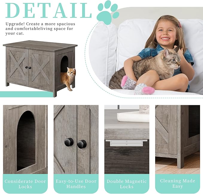 Vongrasig Cat Litter Box Enclosure,Litter Box Furniture Hidden with Barn Door,Wooden Cat Washroom Furniture,Cat House,End Table, Fit Most of Litter Box, Grey-Mewly Pet