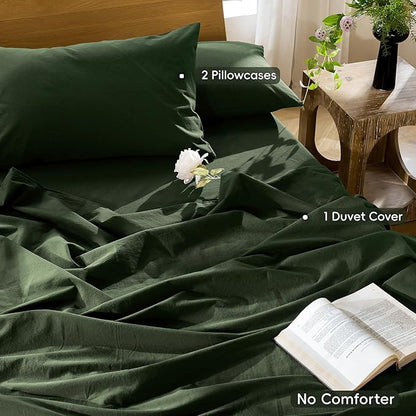 MooMee Bedding Duvet Cover Set 100% Washed Cotton Linen Like Textured Breathable Durable Soft Comfy (Solid Forest Green, Oversized Queen 98"x98")