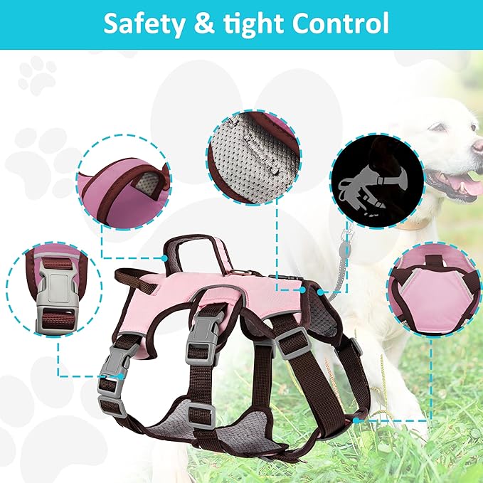 Escape Proof Dog Harness, No Pull Reflective Adjustable Vest with Easy Control Lift Handle, No Choke Soft Padded Breathable Full Body Pet Harness for Walking Hiking and Training (Pink, Small)-Mewly Pet