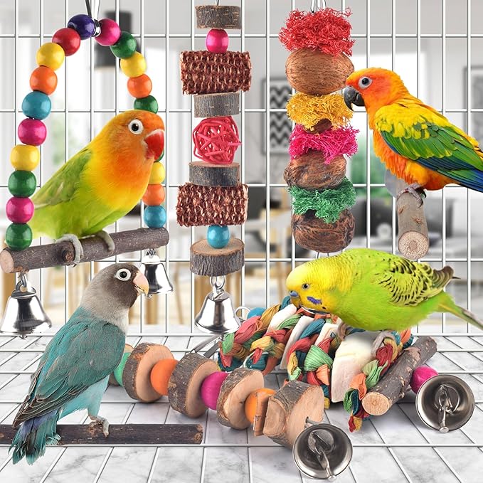 Bissap Bird Chew Toys, 7 Packs Parakeet Natural Wood Toys Parrot Hanging Cage Toy Bird Perch Stand for Small Bird Conure Cockatiel Parrotlet Lovebird Budgie-Mewly Pet