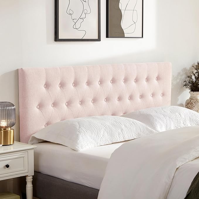 Tufted Upholstered Headboard Full Size, Solid Wood Head Board with Durable Metal Legs, Adjustable Height Bed headboard from 37” to 51” Fabric Headboard in Modern Button Design, Pink