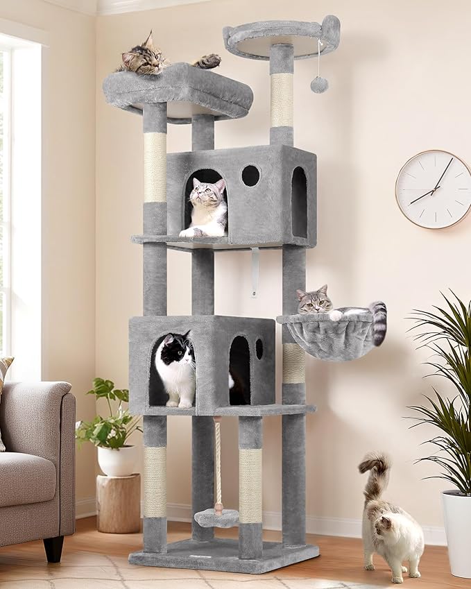 Globlazer Cat Tree, 70 inch Tall Scratching Tower Multi-Level Cat Condo for Indoor Multiple Cats with 2 Large Cat Caves, Top Perch, Large Platform, Bottom Swing, F70B, Light Grey-Mewly Pet