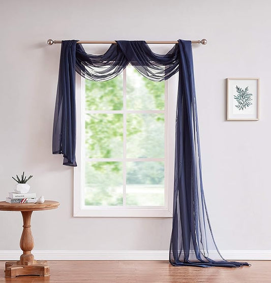 LinenZone Navy Window Scarf Valance in 360 Inch Size. Use Window Scarves as Canopy Bed or Backdrop Curtains, Curtain Scarf, or Sheer Fabric for Draping. (Amazing 55 x 360, Navy)