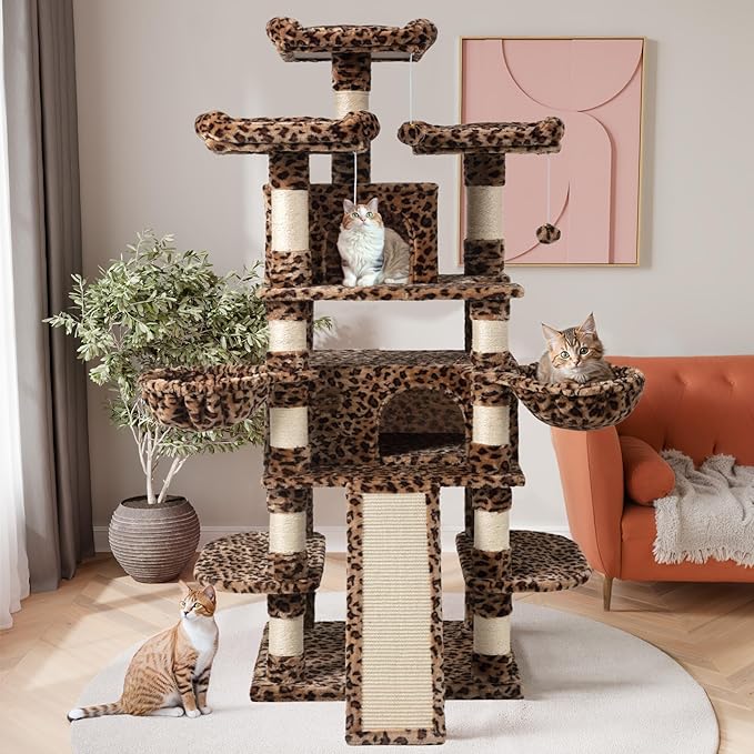 SHA CERLIN 68 Inches Multi-Level Large Cat Tree for Large Kitties/Big Cat Tower with Condo/Cozy Plush ‌Pussycat Perches/Sisal Scratching Posts and Hammocks/Activity Center/Leopard Print-Mewly Pet