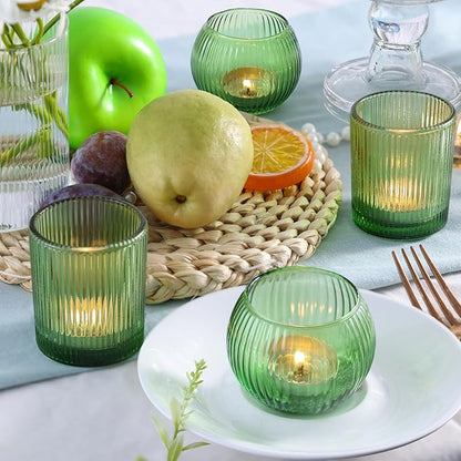 Green Votive Candle Holders Set of 10- Round Green Candle Holders Bulk, Glass Candle Holder for Wedding Home Decoration, Tea Lights Candle Holder for Bridal Shower, Party & Gift