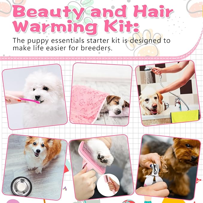 65 Pcs Puppy Supplies Starter Kit Small Dog Essentials Includes Dog Leash, Toys, Bowl, Brushes, Water Bottles, pet Blankets Puppy Accessories for New Welcome Gift Supplies(Cute,Pink)-Mewly Pet