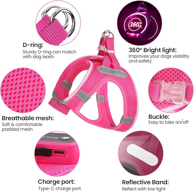 Pceotllar LED Dog Harness - Rechargeable, Flashing Light, No Pull, Reflective - Medium, Pink-Mewly Pet