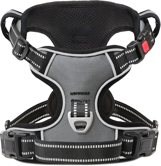 Timos Dog Harness Large Sized, No Pull with Neck Lockable Snap,No Choke Front Clip Dog Reflective Harness,Adjustable Metal Rings 3 Buckles,Easy Control Handle for Large Dogs Gray L-Mewly Pet