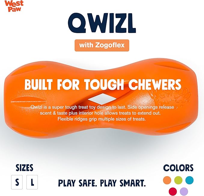 West Paw Zogoflex Qwizl Interactive Treat Dispensing Dog Puzzle Treat Toy for Dogs, 100% Guaranteed Tough, It Floats!, Made in USA, Large, Tangerine-Mewly Pet