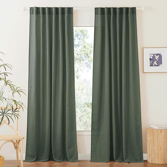 RYB HOME Linen Blended Curtains - Back Tab Vintage Thick Linen Burlap Light Filtering Decorative Sheer for Bedroom Living Room Home Office, W 52" x L 102", 2 Pcs, Hunter Green