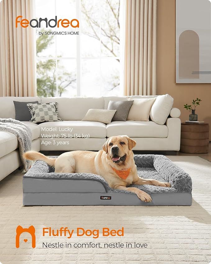 Feandrea Orthopaedic Dog Bed for Large Dogs, Waterproof Dog Sofa Bed with Removable Washable Cover, 42 x 32 x 7 Inches, Dove Gray UPGW253G01-Mewly Pet