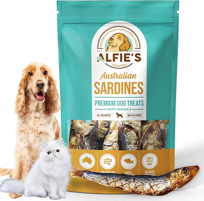 ALFIE'S TREATOS Sardines for Dogs & Cats (2.65 oz), Air-Dried Fish Dog Treats, Omega-3 Food Topper, Single Ingredient, Australian Wild-Caught, Freeze-Dried Alternative-Mewly Pet