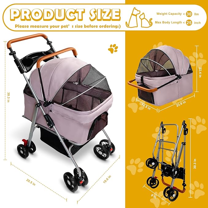 Pet Stroller with Storage Basket and Cup Holder, Folding Dog Jogger, Foldable Cat Stroller, 3 in 1 Puppy Kitten Cart, Pet Jogger for Medium Dog Cat (Pink)-Mewly Pet