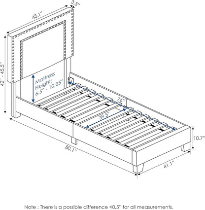Furinno Laval Double Row Nail Head Upholstered Platform Bed Frame, Twin, Glacier