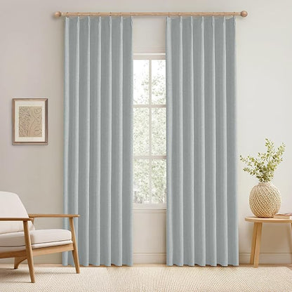 KangBang Linen Pinch Pleated Blackout Curtains, Pleated Drapes with Hooks 84 Inch Long 2 Panels Set, Faux Linen Black Out Curtains for Bedroom Living Room, 42" W x 84" L, Fog Grey