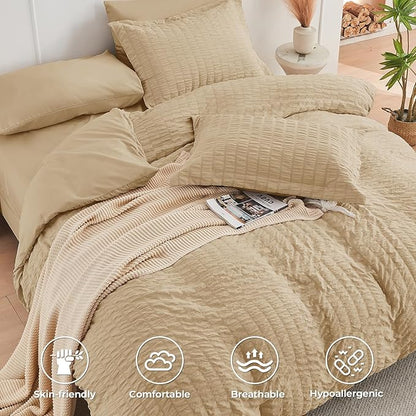 HYMOKEGE Khaki Queen Comforter Set Seersucker 7 Pieces, All Season Luxury Bed in a Bag Queen for Bedroom, Bedding Set with Comforter, Sheets, Pillowcases & Shams