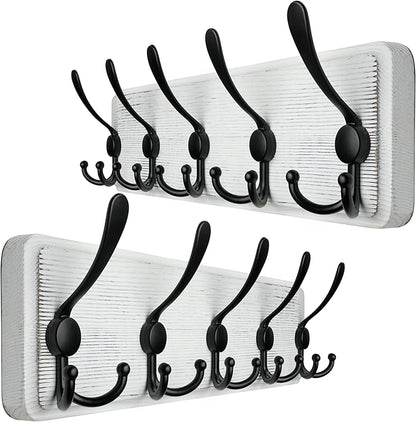 WEBI Coat Rack Wall Mount,Wood Coat Hooks Wall Mounted Coat Hanger,16" Hole to Hole,Wall Hook Rack Rail,5 Triple Hooks for Hanging Coats,Clothes,Jacket,Hats,Entryway,Black/White,2 Packs