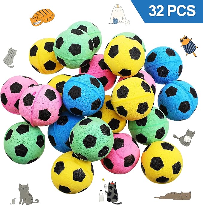Skylety 32 Pieces Cat Soccer Balls Foam Sponge Football Cat Interactive Cats Soccer Toy Sports Ball for Kitten Pet-Mewly Pet