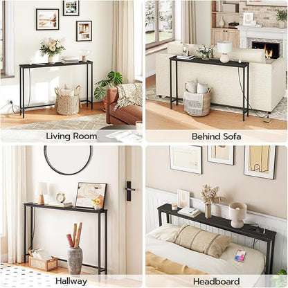 HOOBRO 47.2" Skinny Console Table with Power Outlets, 5.9" Behind Couch Table with Charging Station, Narrow Sofa Table, Long and Thin Table for Entryway, Living Room, Black BB15XG01G1