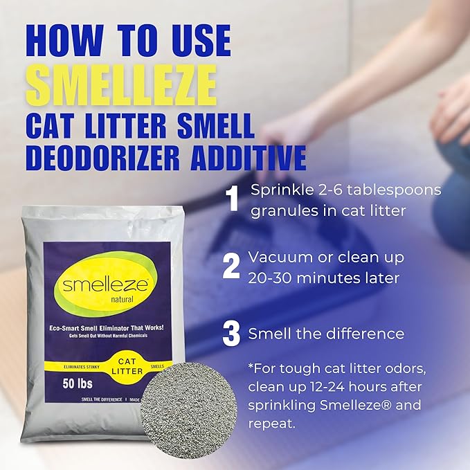 SMELLEZE Natural Cat Litter Smell Eliminator Deodorizer Additive: 50 lb. Rids Strong Urine & Poop Stench. Change Kitty Box Litter Less. Safe for Cats. Unscented-Mewly Pet