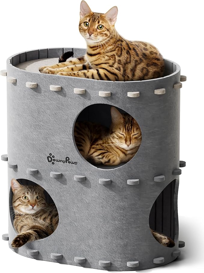 DownyPaws Cat House for Indoor Cats, 2-Storey Foldable Cat Bed Cave, Felt Cats Tunnel Bed Condo, Castle Kitten Cube Hideaway for Multicats, Scratch Resistant, Light Gray-Mewly Pet