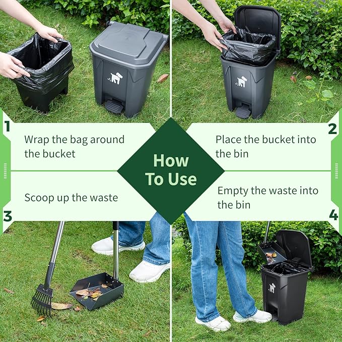 Dog Pooper Scooper, Dog Poop Trash Can Set with Removable Inner Bucket, Long Handle Rake, 150 Waste Bags, Easy Pick Up Poop Scooper, 20L Dog Poop Trash Bin for Small/Large Dog Families-Mewly Pet