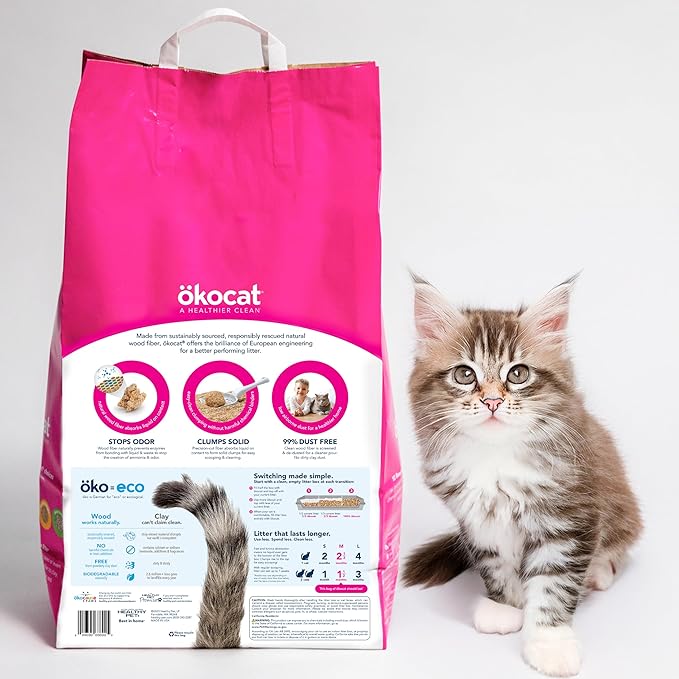 ökocat Super Soft Wood Clumping Cat Litter, Unscented, 15.8 pounds - Natural Ingredients, Stops Odor, Clumps Solid, 99% Dust Free, Great for All Cats, Sensitive Paws, Kittens-Mewly Pet