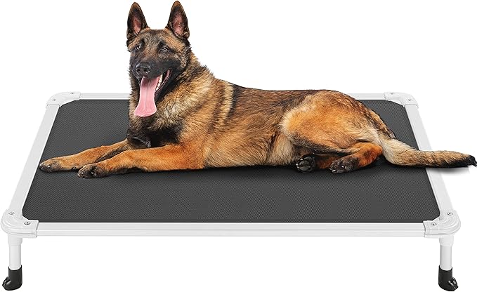 Veehoo Chew Proof Elevated Dog Bed - Cooling Raised Pet Cot - Silver Aluminum Frame and Durable Textilene Mesh Fabric, Unique Designed No-Slip Feet for Indoor or Outdoor Use, Black, 42"x 31"-Mewly Pet