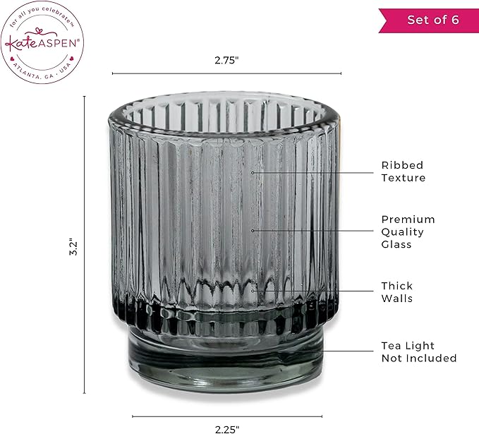Kate Aspen Ribbed Glass Candle Holder Smoke Gray Tealight Holders for Home, Kitchen, Room or Living Room Decor - Vintage Tea Light Votive Accent for Table or Shelf Styling (Pack of 36)