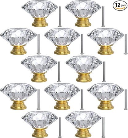 12-Pack Crystal Glass Cabinet Knobs for Home Decor, Vanity Drawers, Desks, Wardrobe Doors, Standard Screws Easy Installation for Home Refurbishment and Redecoration (Clear Crystal, 40mm, Gold Base)