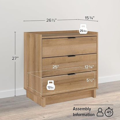 Prepac Simply Modern Nightstand Bedside Table, Natural Oak Nightstand for Bedroom, End Table with 3 Drawers 26.5" W x 26.75" H x 16" D
