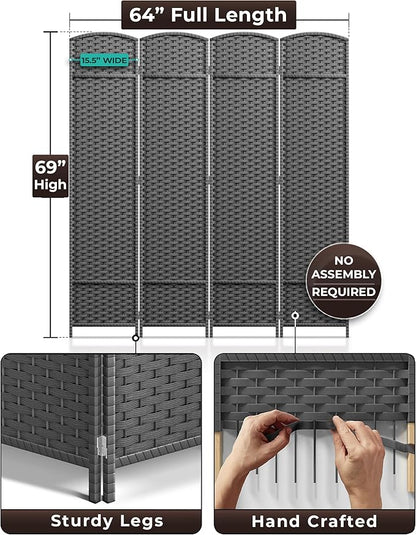 Sorbus 4 Panel Room Divider 6 ft. Tall - Privacy Screen, Extra Wide Double Hinged Panels, Mesh Hand-Woven Design, Partition Room Dividers and Folding Privacy Screens, Wall Divider for Room Separation