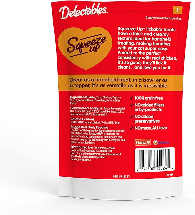 Hartz Delectables Squeeze Up Interactive Lickable Wet Cat Treats for Adult & Senior Cats, Tuna & Salmon, 4 Count(Pack of 8)-Mewly Pet
