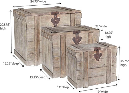 Household Essentials Antiqued Decorative Trunk, 3 Piece Set, Small, Medium and Large, Chinese Fir Panel and MDF, Smooth Backing and Metal Hinge Accent, Flat Top and Stay-Open Lid