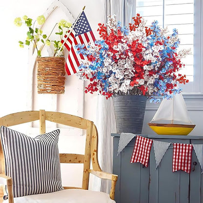 Uieke 6Pcs 4th of July Artificial Flowers Fake Patriotic Babys Breath Flowers for Independence Day Decor Blue White Red Silk Flowers for Memorial Day Floral Arrangement Home