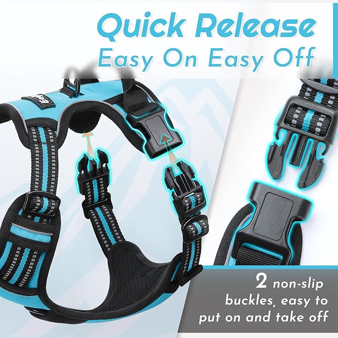 Eagloo Dog Harness for Large Dogs, No Pull Service Vest with Reflective Strips and Control Handle, Adjustable and Comfortable for Easy Walking, No Choke Pet Harness with 2 Metal Rings, Sky Blue, L-Mewly Pet