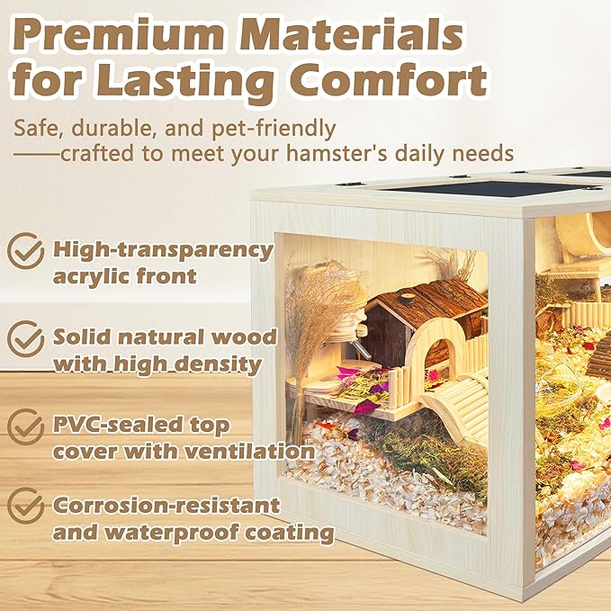 Prolee Hamster Cage Chew Proof Wood, Hamsters Enclosure Openable Top with Curved Design,Waterproof Small Animals Cage with Acrylic Sheets for Gerbils,Hamster Habitat(32 Inches)-Mewly Pet
