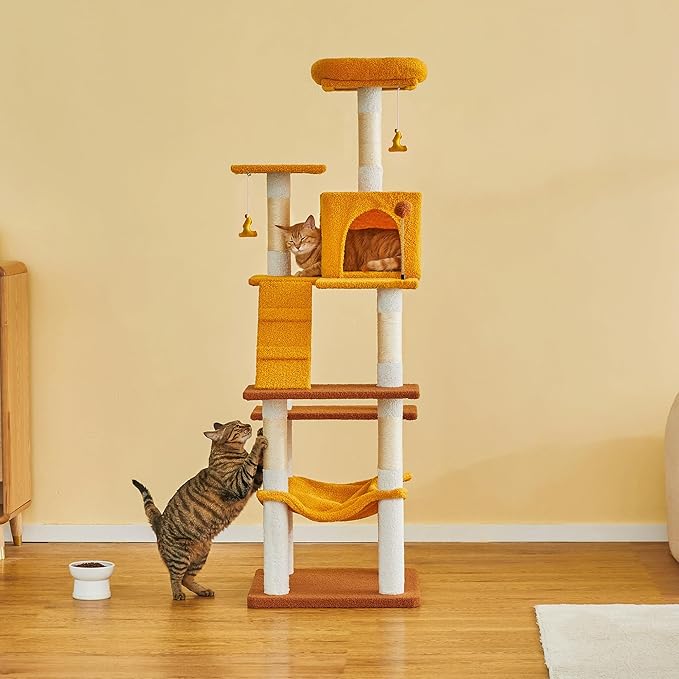 MWPO Cat Tree, 63.8-Inch Cat Tower for Indoor Cats, Multi-Level Cat Condo with 5 Scratching Posts, 2 Perches, Hammock, Dangling Toys, Yellow-Mewly Pet