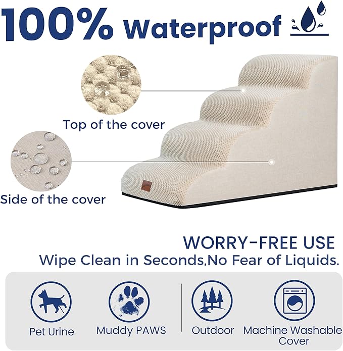 GoGoBunny Waterproof High Density Foam Curved Dog Stairs for High Beds Couches 19.7" H, 4-Step Ramp Dog Steps Friendly to Small Medium Dogs or Pets Joints, Non-Slip Balanced Durable Pet Step, Beige-Mewly Pet