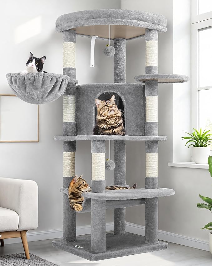 Globlazer Corner Cat Tree Tower for Indoor Cats, 51in Multi-Level Cat Condo Tower with Large Hammock, 7 Sisal Scratching Posts, Oversized Top Perch, Spacious Cat Cave, Hanging Basket, C51, Light Gray-Mewly Pet