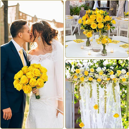 Ouddy Decor 20 Pcs Fake Yellow Roses Artificial Silk Flowers with Long Stems for Valentines Day Decor Wedding Home Party Table Centerpieces Bridal Bouquet DIY Floral Arrangment