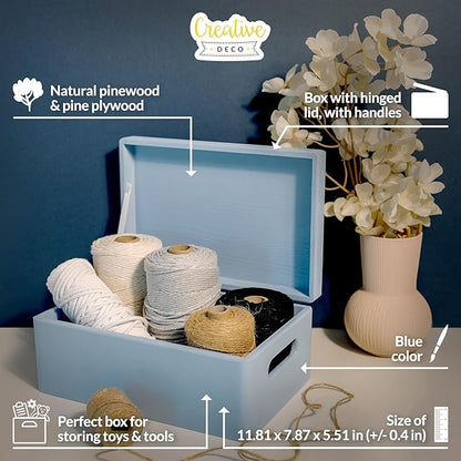 Large Blue Wooden Box Storage with Hinged Lid | 11.8 x 7.87 x 5.51 inches (+-0.5) | with Handles | Gift Box Storage | Product NOT Intended for 15 Years OR Below