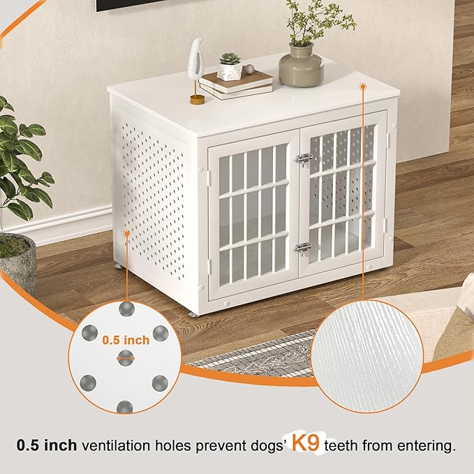 32" Heavy Duty Dog Crate Furniture for Small and Medium Dogs, Metal Kennel for High Anxiety Dogs, Chew Proof Pet Cage Indoor, Decorative Dog Kennel End Table, White-Mewly Pet