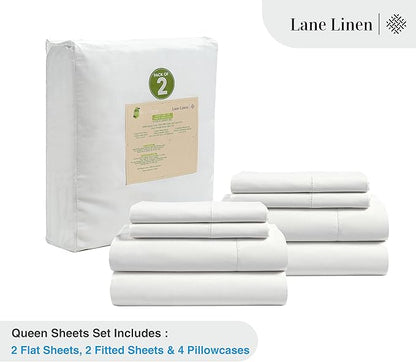 LANE LINEN 100% Organic Cotton Queen Sheets, 8Pc Queen Bed Sheets, Soft & Breathable Queen Size, Crisp Percale Weave, Hotel-Quality Bedding Sheet & Pillowcases - White (2 Pack)