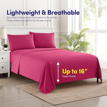 Sweet Home Collection California King Size Sheet Set with Built-in Sheet Straps - Deep Pocket Fitted Sheet, Flat Sheet & Pillowcases - Soft, Wrinkle-Free, Secure Fit - Fuschia