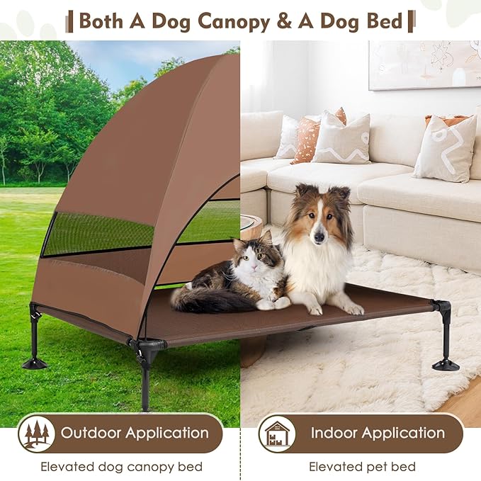 Upgraded Elevated Dog Bed with Canopy, Portable Raised Outdoor Dog Bed with Stable Anti-Slip Feet, Wider Shade Pet Bed Cot, Raised Dog Beds for Large Dogs Camping, Indoor & Outdoor Use-Mewly Pet