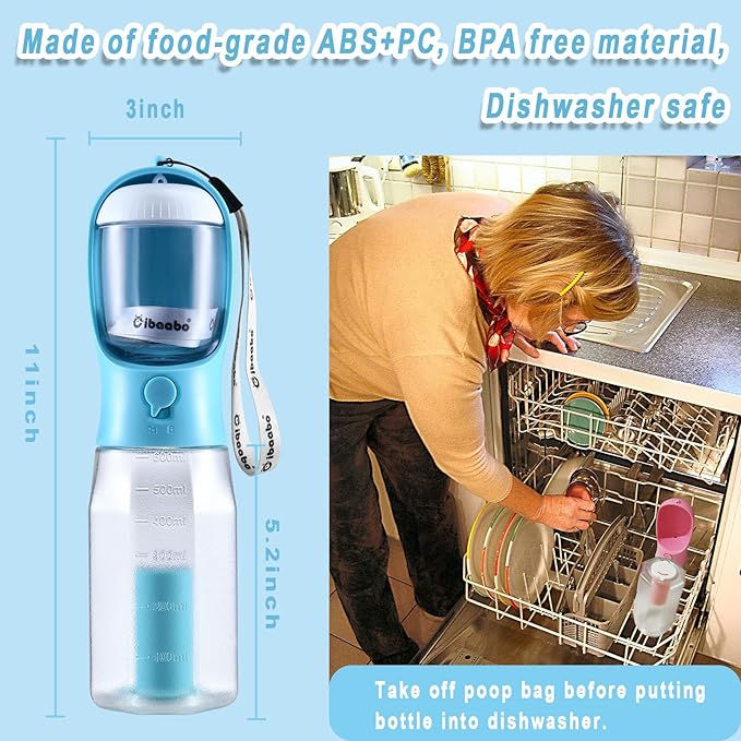 Dog Water Bottle with Food Container & Poop Bag Holder, Travel Water Bowl, Portable Pet Dispenser, Dog Stuff Accessories Items, Puppy Essentials Necessities for Yorkie Chihuahua Walking Hiking-Mewly Pet